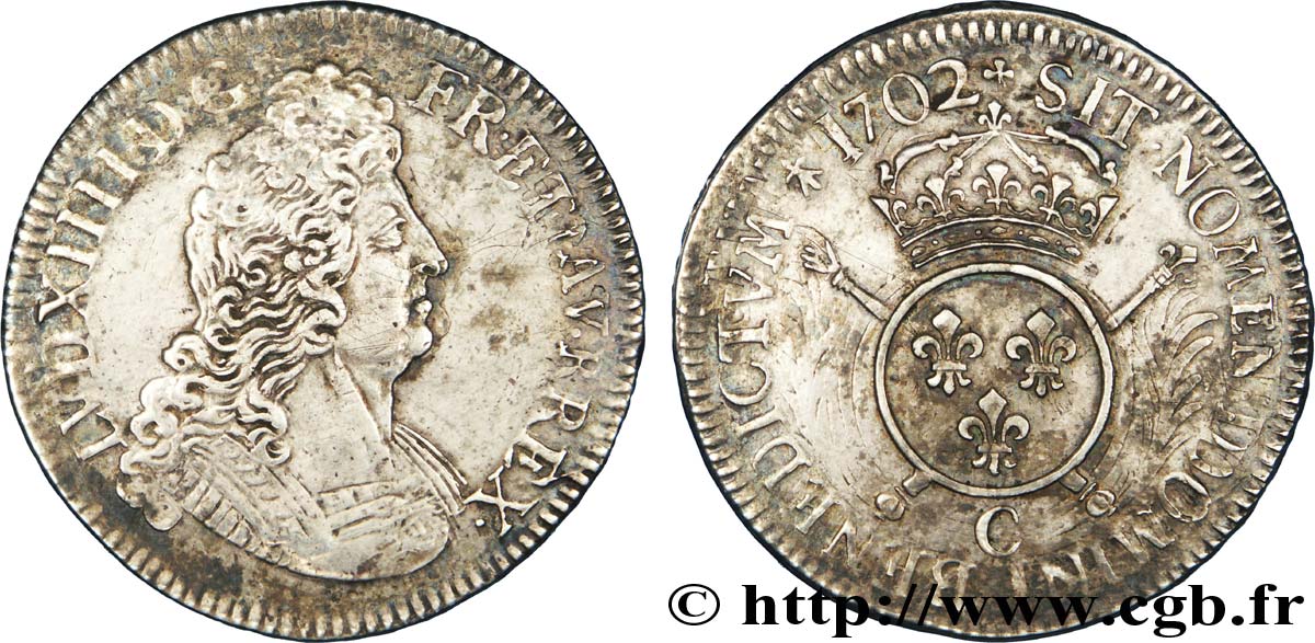 LOUIS XIV  THE SUN KING  Écu aux insignes 1702 Caen XF