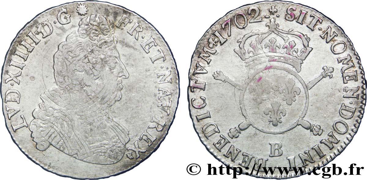 LOUIS XIV LE GRAND OU LE ROI SOLEIL Demi-écu aux insignes 1702 Rouen TB+/TTB