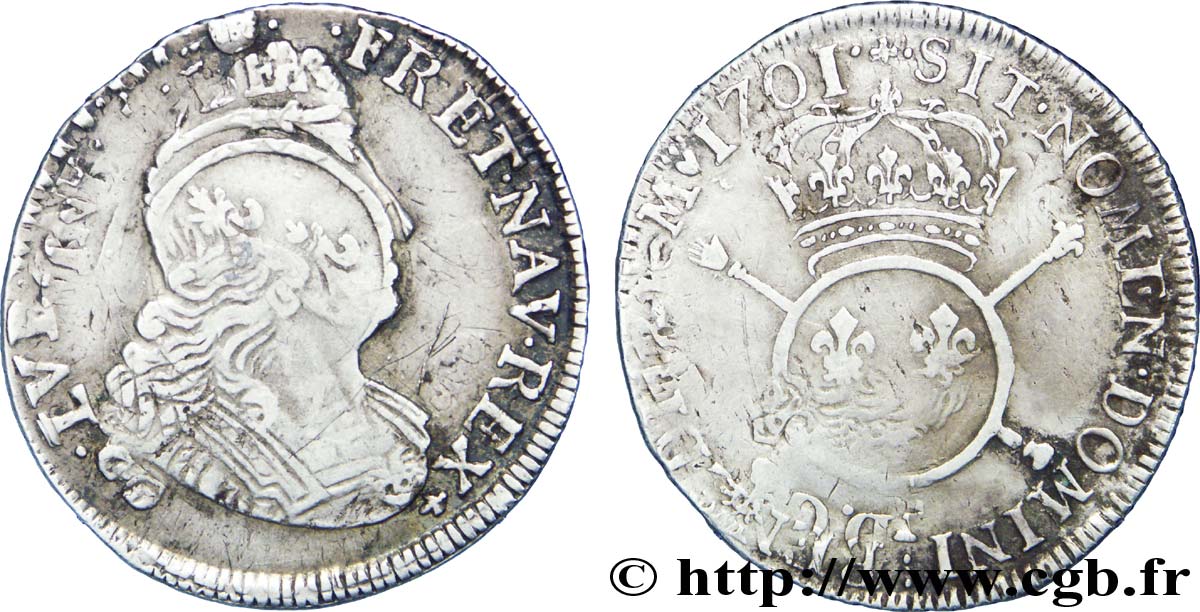 LOUIS XIV  THE SUN KING  Quart d écu aux insignes 1701 Nantes VF