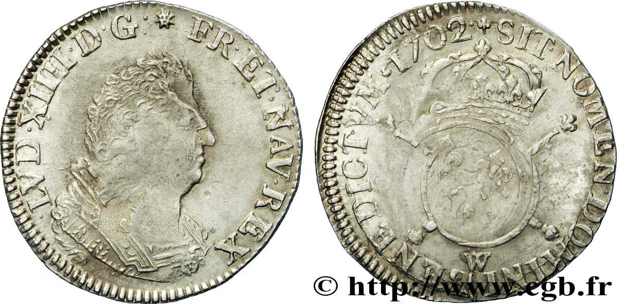 LOUIS XIV  THE SUN KING  Quart d écu aux insignes, buste du type aux palmes 1702 Lille BC+/MBC