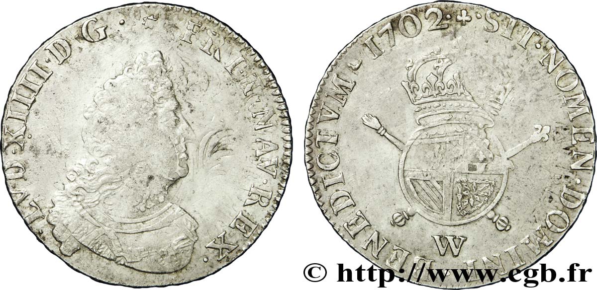 LOUIS XIV  THE SUN KING  Demi-écu de Flandre aux insignes, 1er type 1702 Lille BB