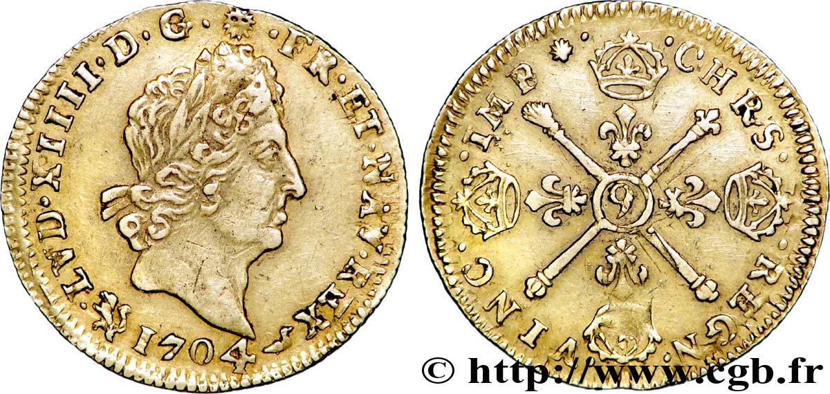 LOUIS XIV LE GRAND OU LE ROI SOLEIL Demi-louis aux insignes 1704 Rennes TTB