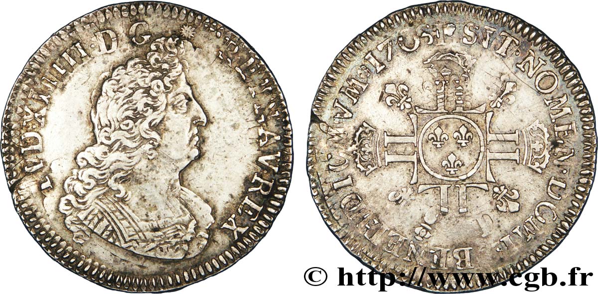 LOUIS XIV &nbsp;THE SUN KING&nbsp; Demi-écu aux huit L, 2e type 1704 Atelier indéterminé AU