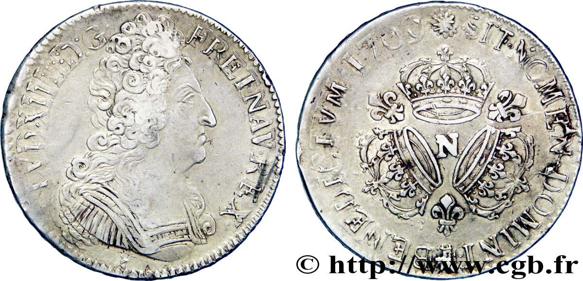 LOUIS XIV  THE SUN KING  Écu aux trois couronnes 1709 Montpellier VF