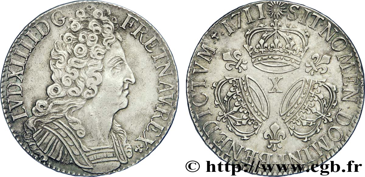 LOUIS XIV LE GRAND OU LE ROI SOLEIL Écu aux trois couronnes 1711 Amiens SUP