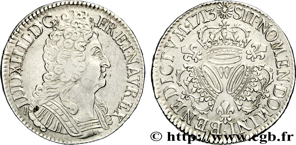 LOUIS XIV  THE SUN KING  Écu aux trois couronnes 1713 Lille BB/q.SPL