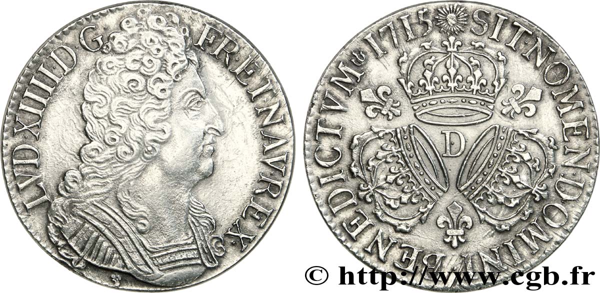 LOUIS XIV  THE SUN KING  Écu aux trois couronnes 1715 Lyon AU