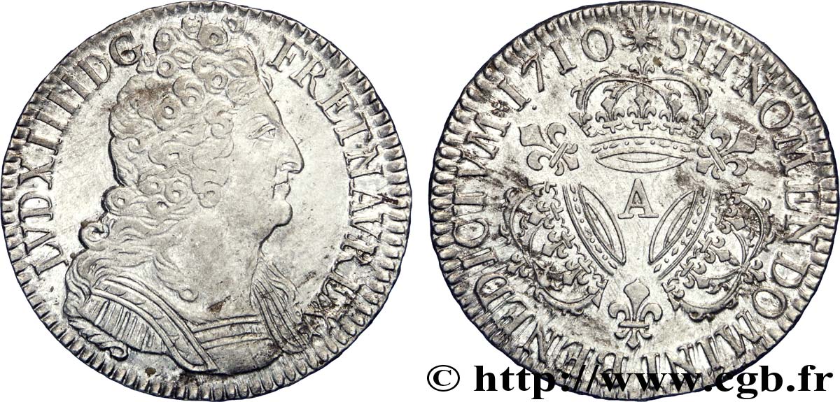 LOUIS XIV  THE SUN KING  Demi-écu aux trois couronnes 1710 Paris fVZ/VZ