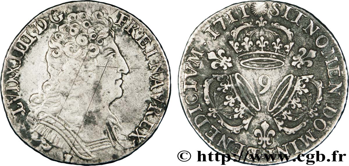 LOUIS XIV  THE SUN KING  Quart d écu aux trois couronnes 1711 Rennes BC+