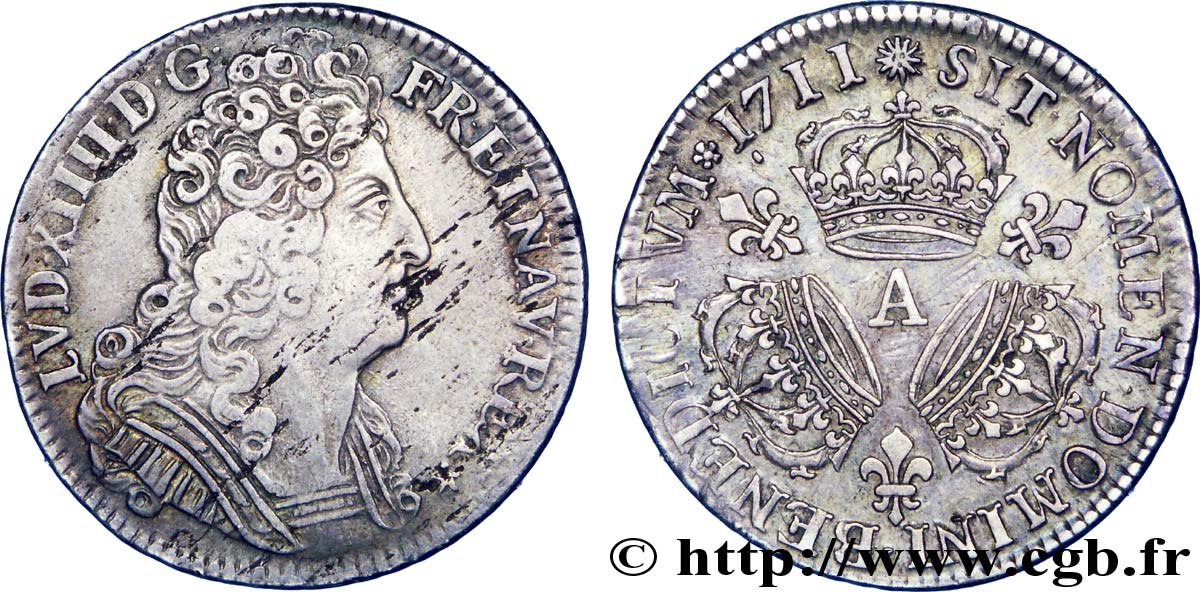 LOUIS XIV  THE SUN KING  Quart d écu aux trois couronnes 1711 Paris fSS/SS