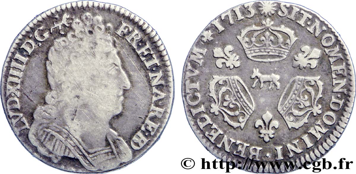 LOUIS XIV  THE SUN KING  Dixième d écu aux trois couronnes 1713 Pau q.BB/BB