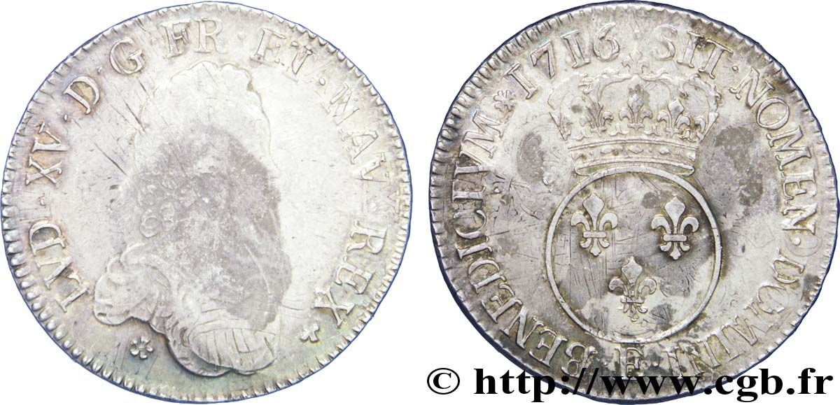 LOUIS XV &nbsp;THE WELL-BELOVED&nbsp; Écu dit &nbsp;vertugadin&nbsp; 1716 Tours VF/XF