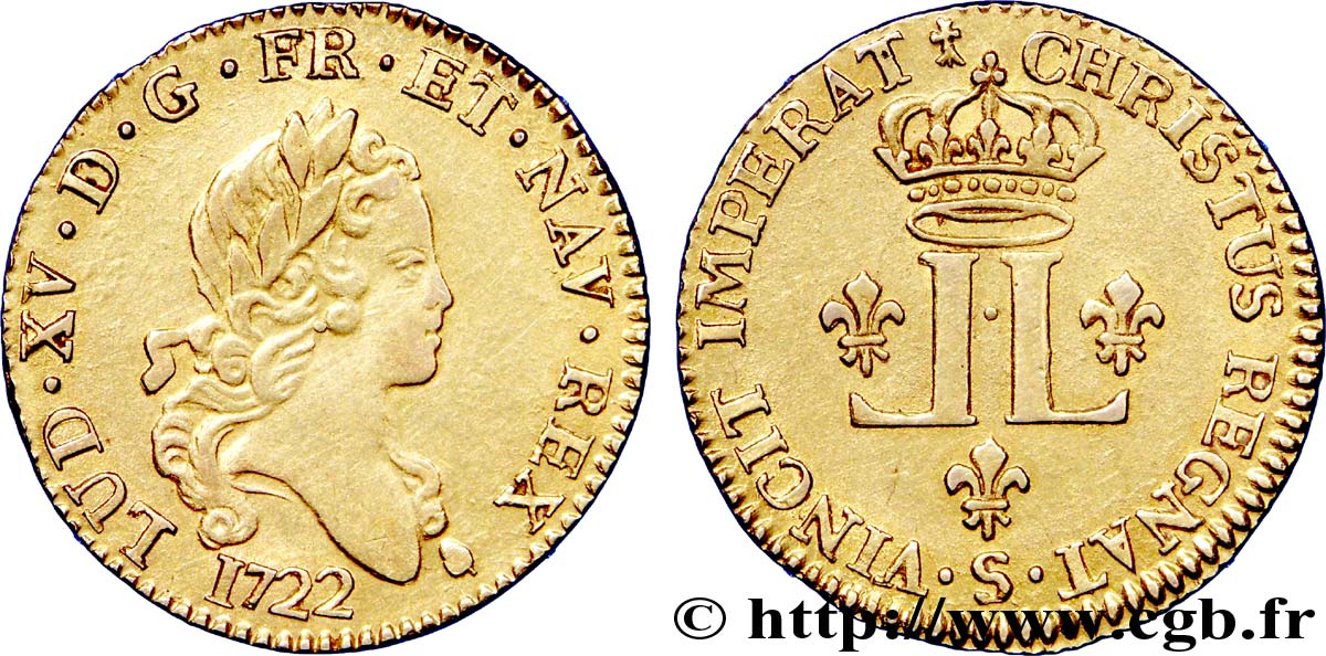 LOUIS XV DIT LE BIEN AIMÉ Louis d&nbsp;or aux deux L couronnées (fausse réformation) 1722 Reims TTB+/SUP