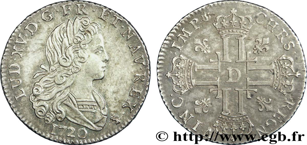 LOUIS XV  THE WELL-BELOVED  Petit louis d argent 1720 Lyon SPL/MS