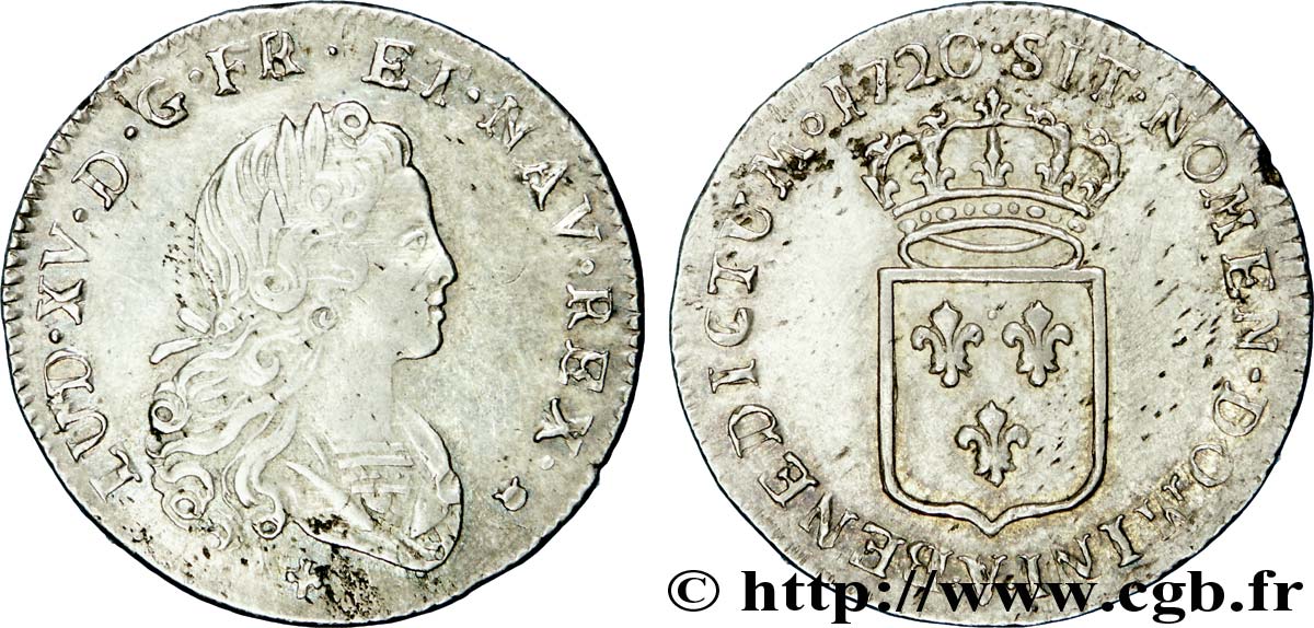 LOUIS XV DIT LE BIEN AIMÉ Tiers d&nbsp;écu de France au buste du petit Louis 1720 Troyes TTB/TTB+