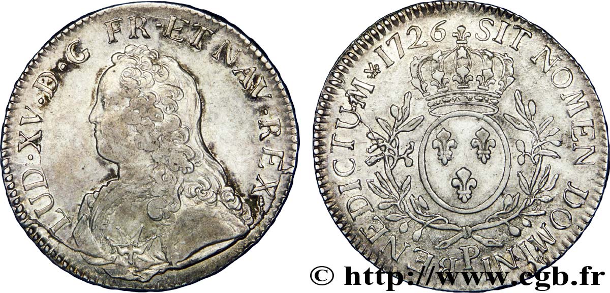 LOUIS XV  THE WELL-BELOVED  Écu aux branches d olivier, buste habillé 1726 Dijon BB/q.SPL