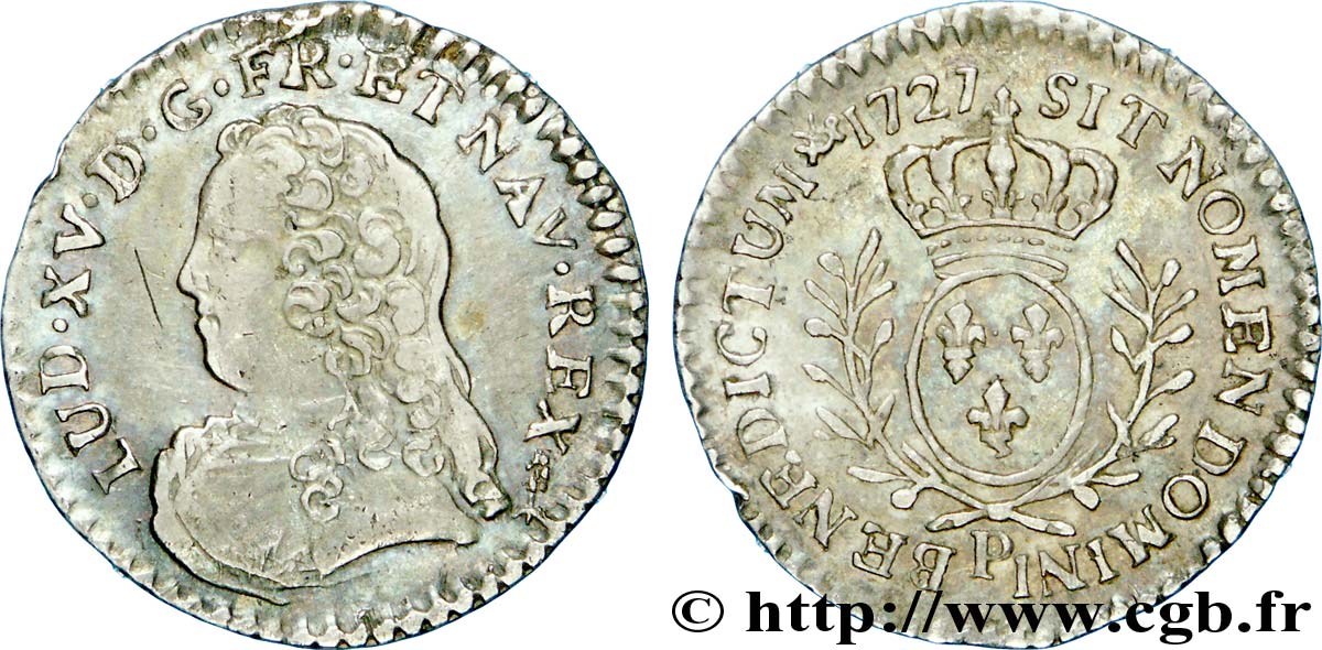 LOUIS XV DIT LE BIEN AIMÉ Vingtième d’écu aux branches d’olivier, buste habillé 1727 Dijon TTB/SUP