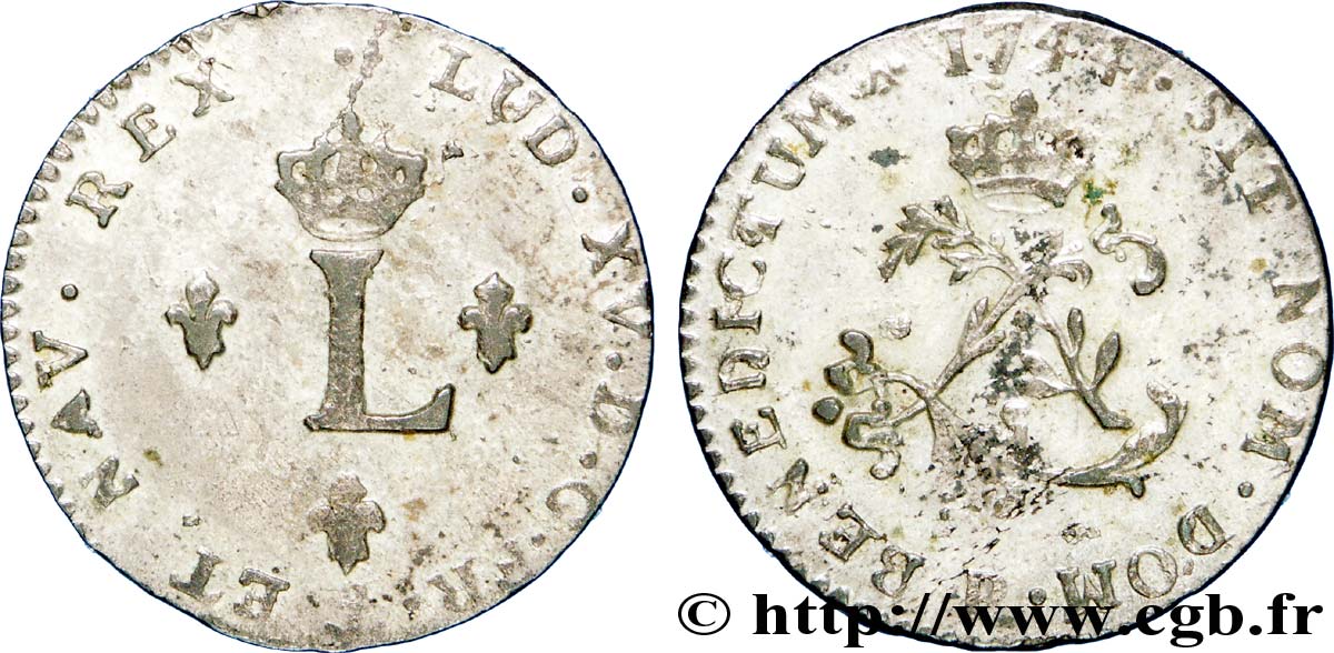 LOUIS XV DIT LE BIEN AIMÉ Double sol de billon 1744 Dijon SUP