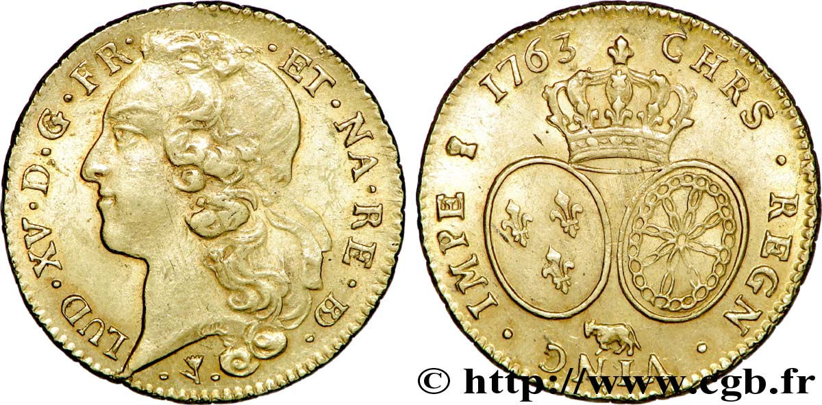 LOUIS XV DIT LE BIEN AIMÉ Double louis d’or aux écus ovales, tête ceinte d’un bandeau 1763 Pau SUP
