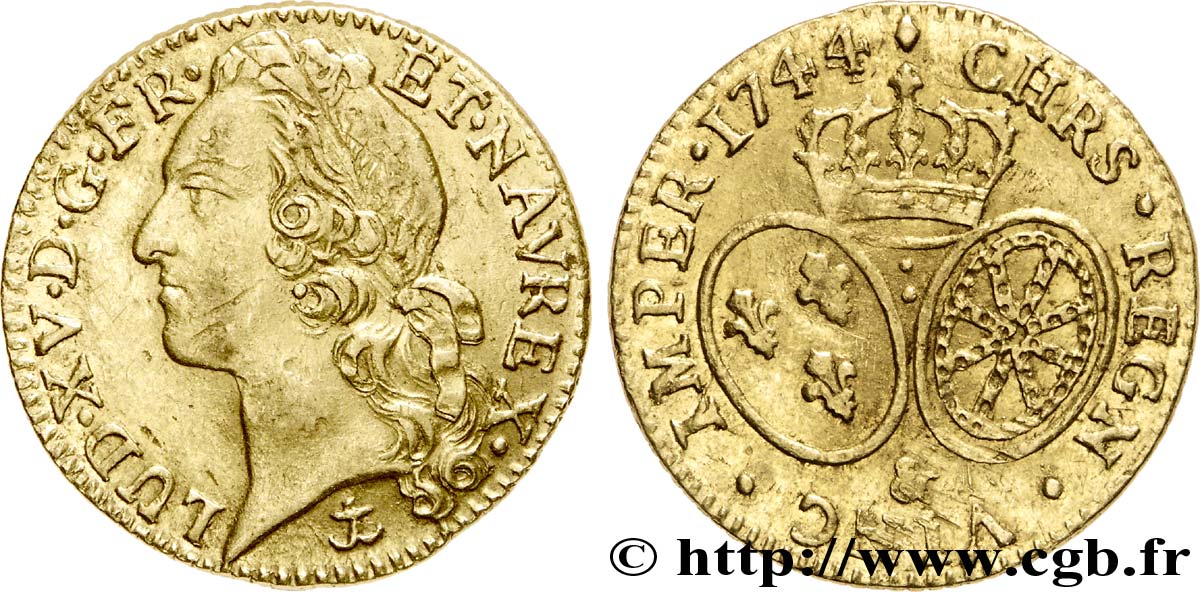 LOUIS XV THE BELOVED Louis d’or aux écus ovales, tête ceinte d’un bandeau 1744 Aix-en-Provence VF
