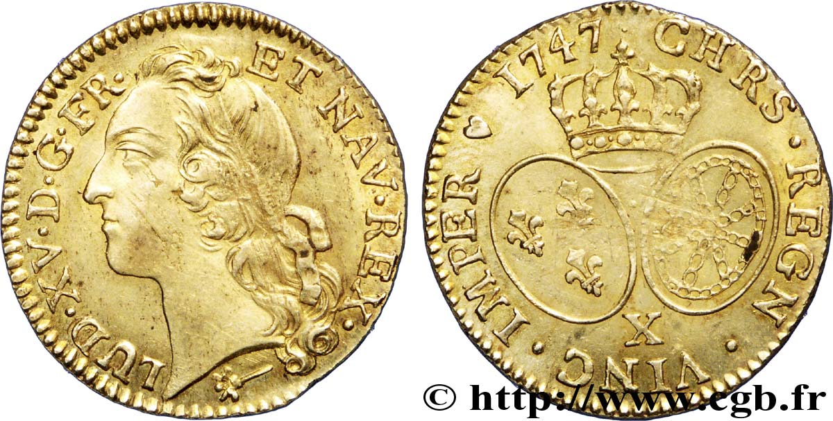 LOUIS XV THE BELOVED Louis d’or aux écus ovales, tête ceinte d’un bandeau 1747 Amiens AU