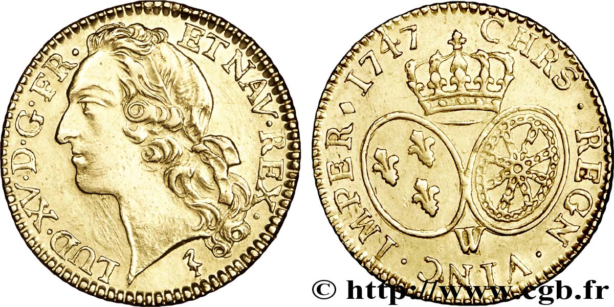 LOUIS XV THE BELOVED Louis d’or aux écus ovales, tête ceinte d’un bandeau 1747 Lille AU