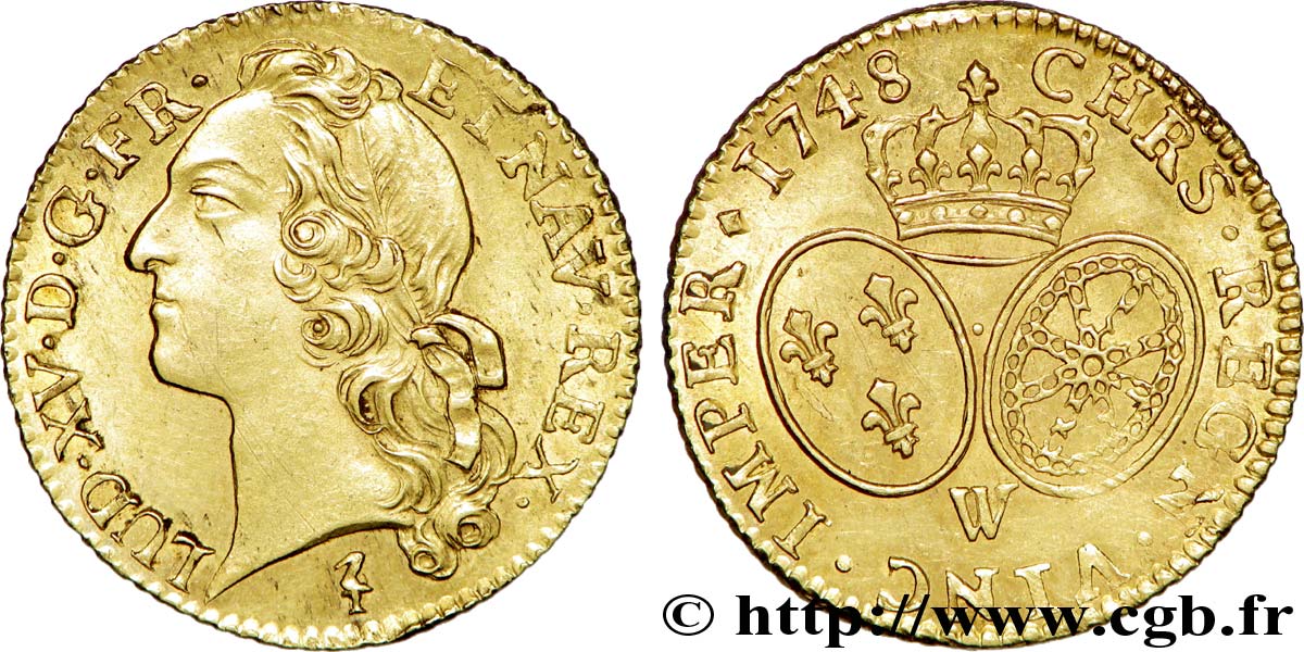 LOUIS XV THE BELOVED Louis d’or aux écus ovales, tête ceinte d’un bandeau 1748 Lille AU