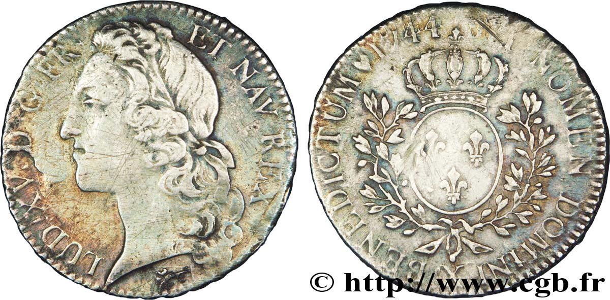 LOUIS XV  THE WELL-BELOVED  Demi-écu aux branches d’olivier, tête ceinte d’un bandeau 1744 Amiens BC+