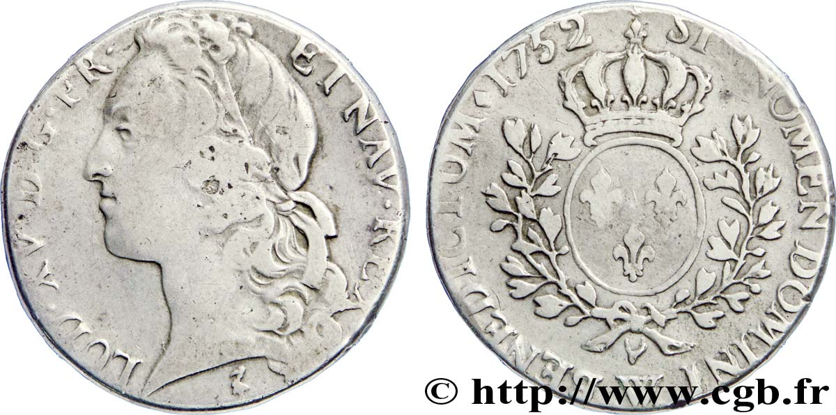 LOUIS XV  THE WELL-BELOVED  Demi-écu aux branches d’olivier, tête ceinte d’un bandeau 1752 Lille BC