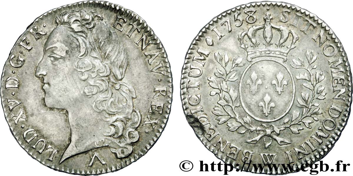 LOUIS XV  THE WELL-BELOVED  Demi-écu aux branches d’olivier, tête ceinte d’un bandeau 1758 Lille MBC+