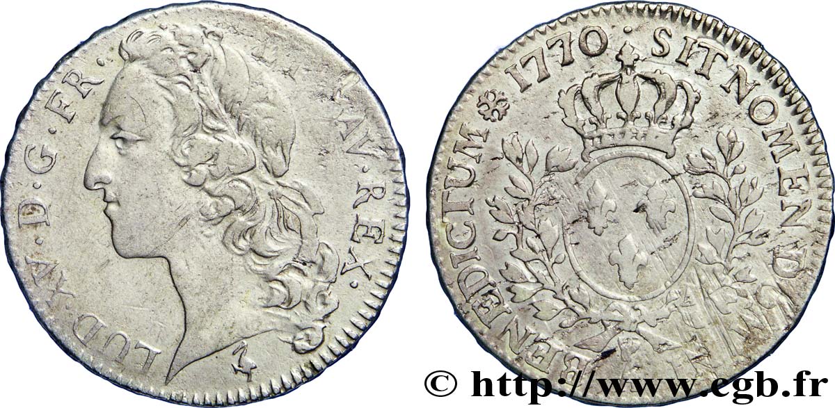 LOUIS XV DIT LE BIEN AIMÉ Demi-écu aux branches d’olivier, tête ceinte d’un bandeau 1770 Paris TB+