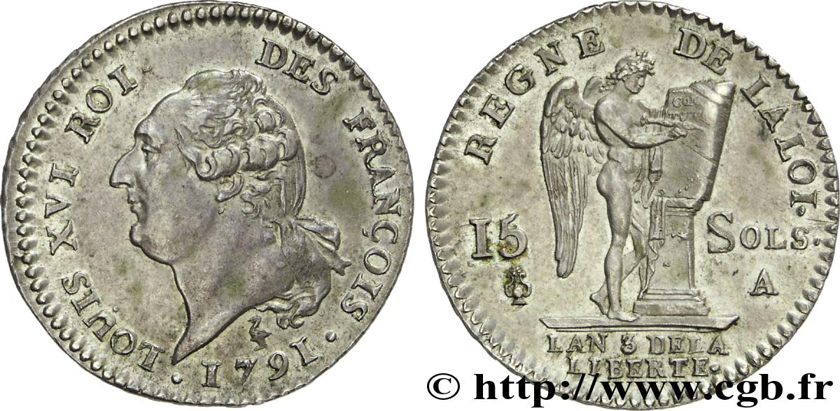 LOUIS XVI (MONARQUE CONSTITUTIONNEL)  15 sols dit &nbsp;au génie&nbsp;, type FRANÇOIS 1791 Paris SUP/TTB+