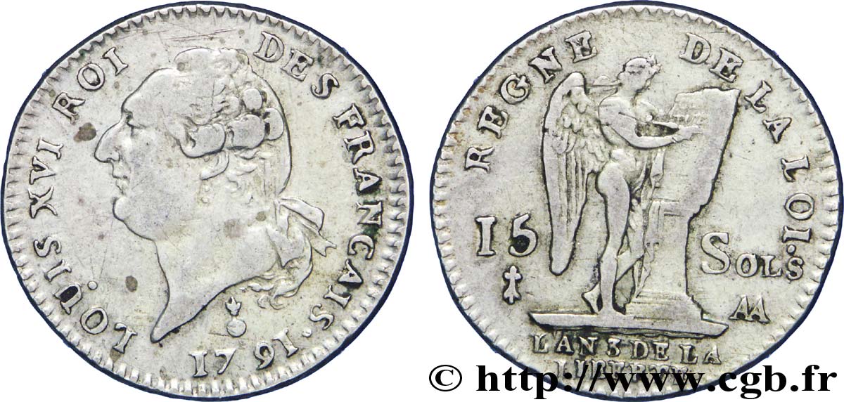 LOUIS XVI 15 sols dit  au génie , type FRANÇAIS 1791 Metz BB