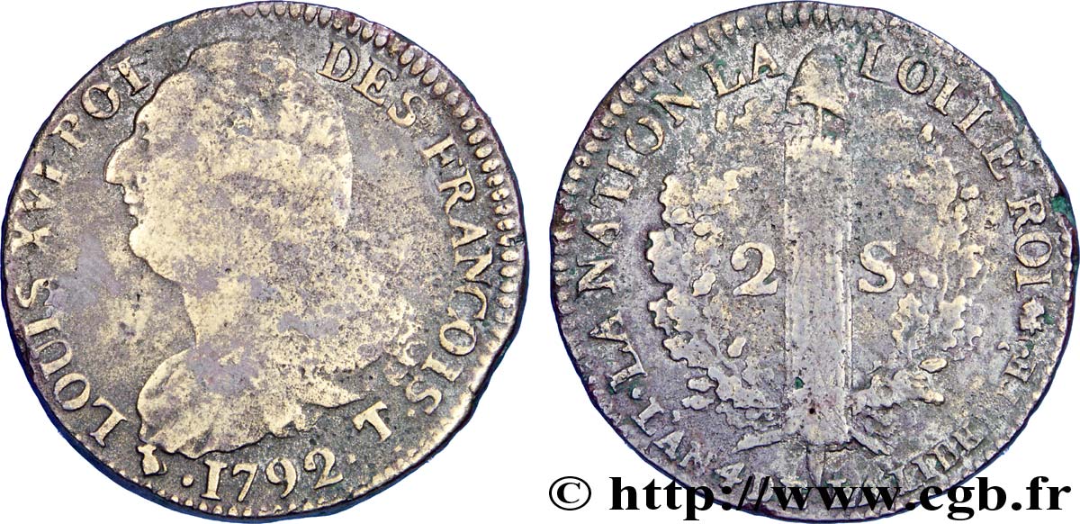 LOUIS XVI (MONARQUE CONSTITUTIONNEL)  2 sols dit  au faisceau , type FRANÇOIS 1792 Saumur TB+/TB