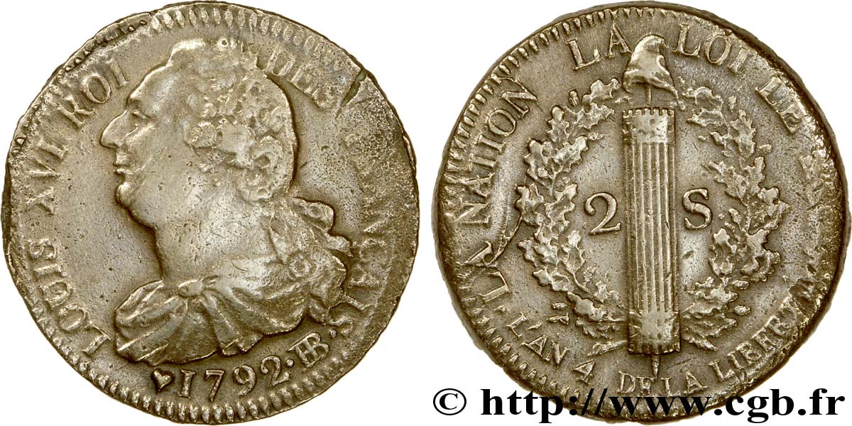 LOUIS XVI 2 sols dit  au faisceau , type FRANÇAIS 1792 Strasbourg XF