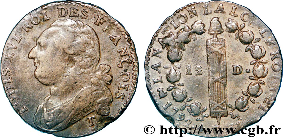 LOUIS XVI (MONARQUE CONSTITUTIONNEL)  12 deniers dit  au faisceau , type FRANÇOIS 1792 Saumur TTB