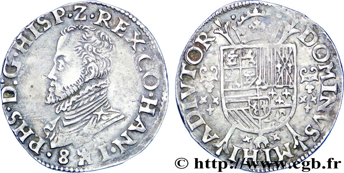 SPANISH NETHERLANDS - COUNTY OF HAINAUT - PHILIP II OF SPAIN Cinquième d’écu philippe ou cinquième de daldre philippus 1581 Mons AU/VF