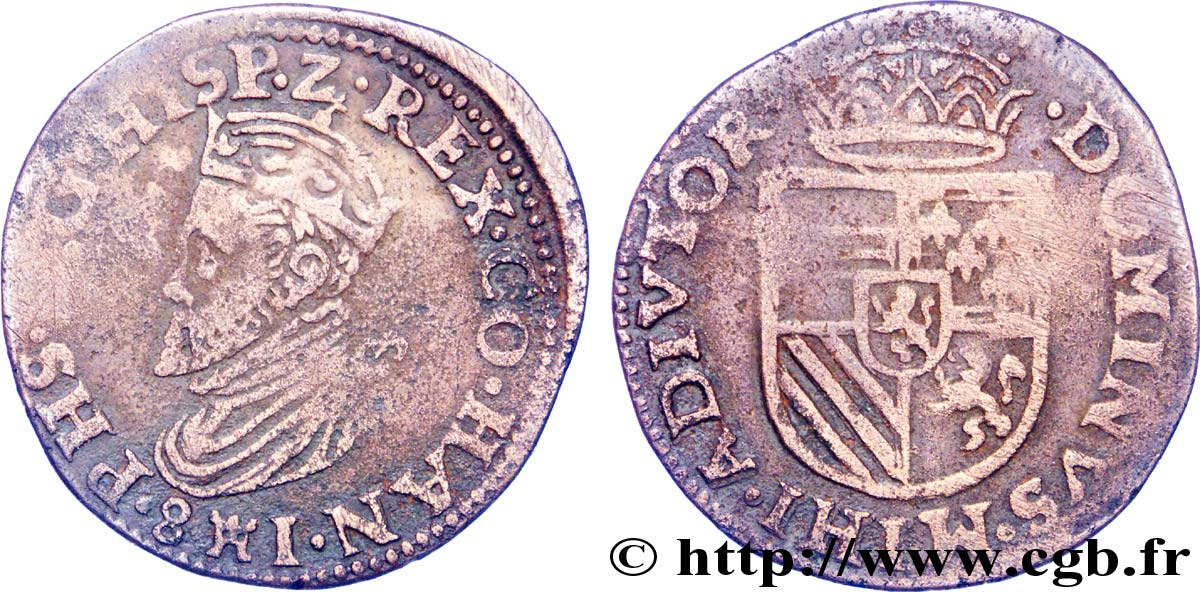 SPANISH NETHERLANDS - COUNTY OF HAINAUT - PHILIP II OF SPAIN Liard 1581 Mons XF