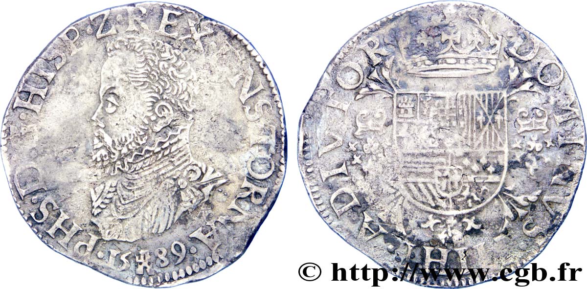 SPANISH NETHERLANDS - TOURNAI - PHILIP II OF SPAIN Écu philippe ou daldre philippus 1589 Tournai AU/XF
