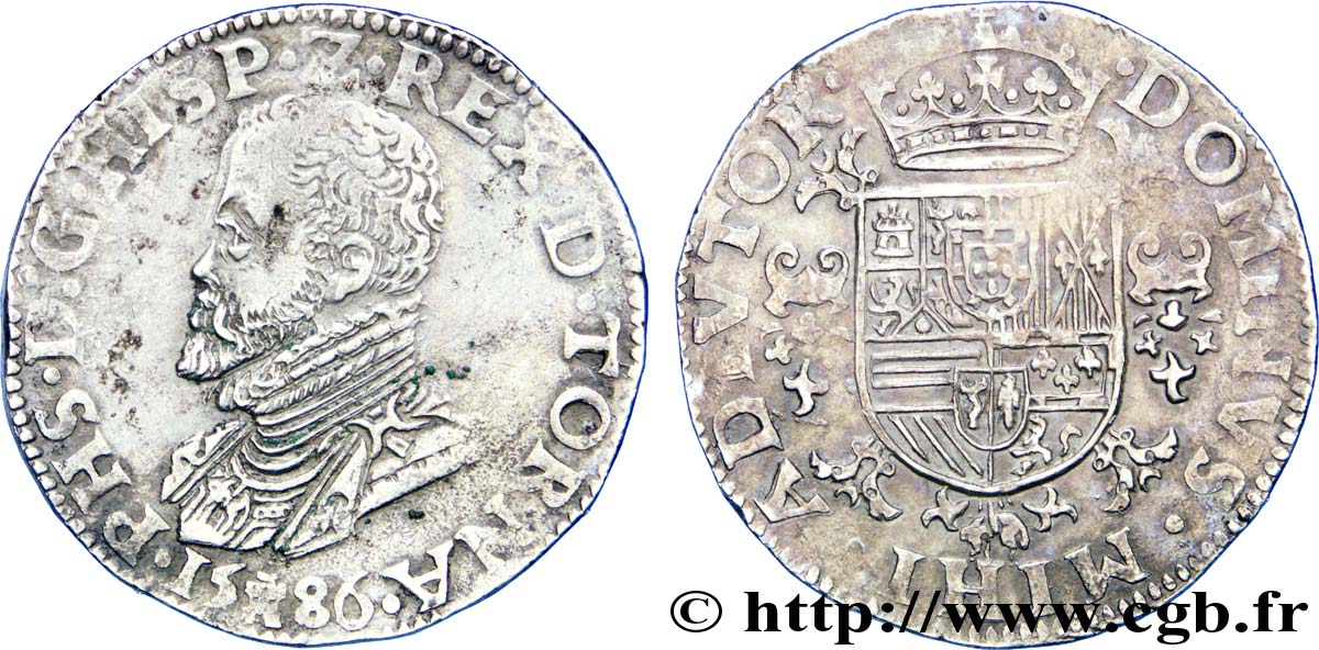 SPANISH NETHERLANDS - TOURNAI - PHILIP II OF SPAIN Demi-écu philippe ou demi-daldre philippus 1586 Tournai XF