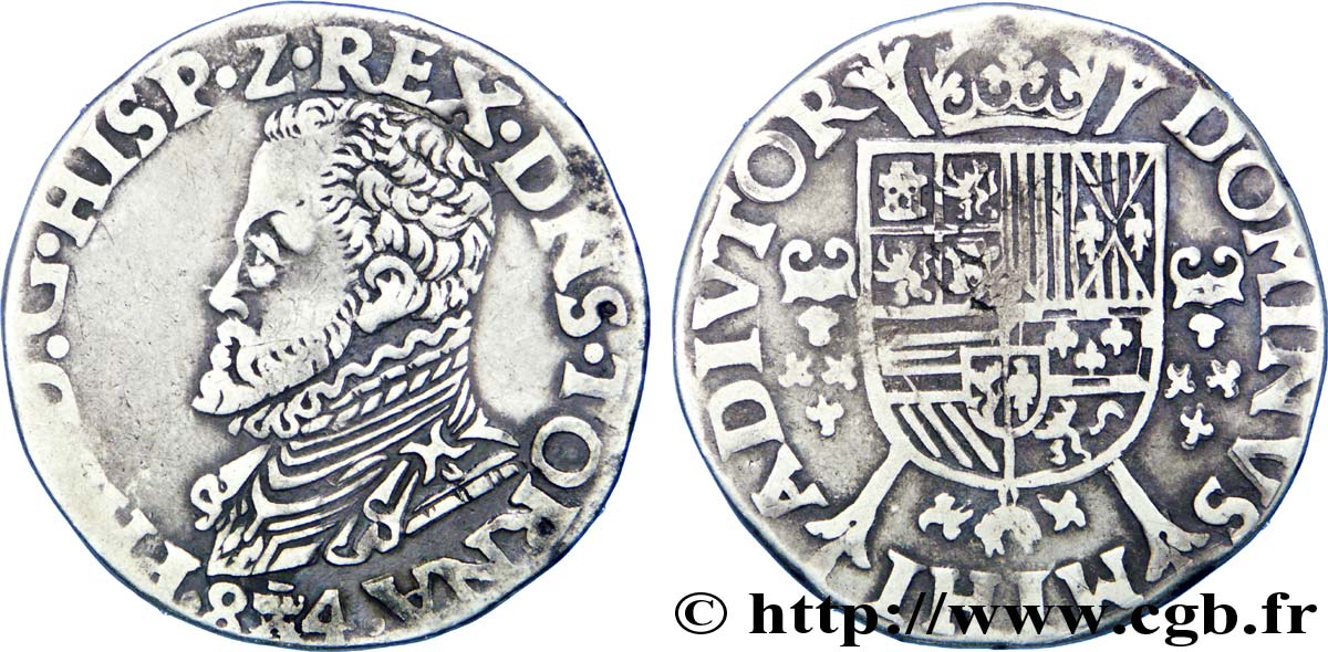 SPANISH NETHERLANDS - TOURNAI - PHILIP II OF SPAIN Cinquième d’écu philippe ou cinquième de daldre philippus 1584 Tournai XF