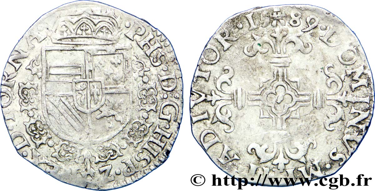 PAYS-BAS ESPAGNOLS - TOURNAI - PHILIPPE II D ESPAGNE Vingtième d’écu philippe 1589 Tournai TTB