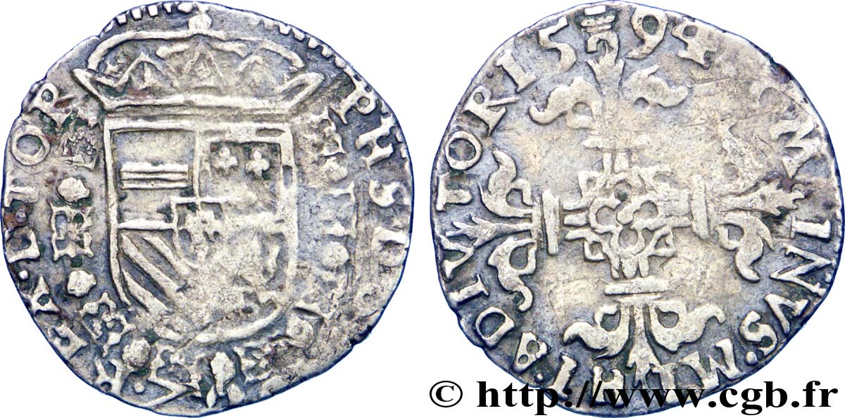 PAYS-BAS ESPAGNOLS - TOURNAI - PHILIPPE II D ESPAGNE Vingtième d’écu philippe 1594 Tournai TTB