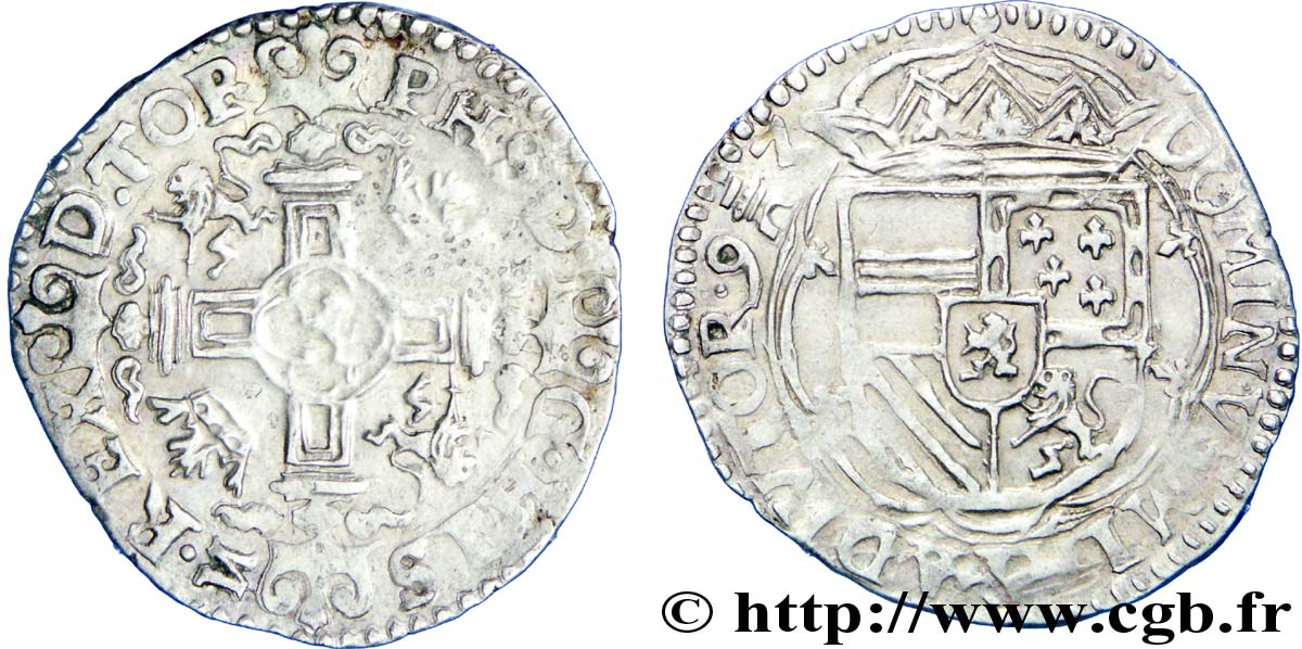 SPANISH NETHERLANDS - TOURNAI - PHILIP II OF SPAIN Double patard 1593 Tournai XF/AU
