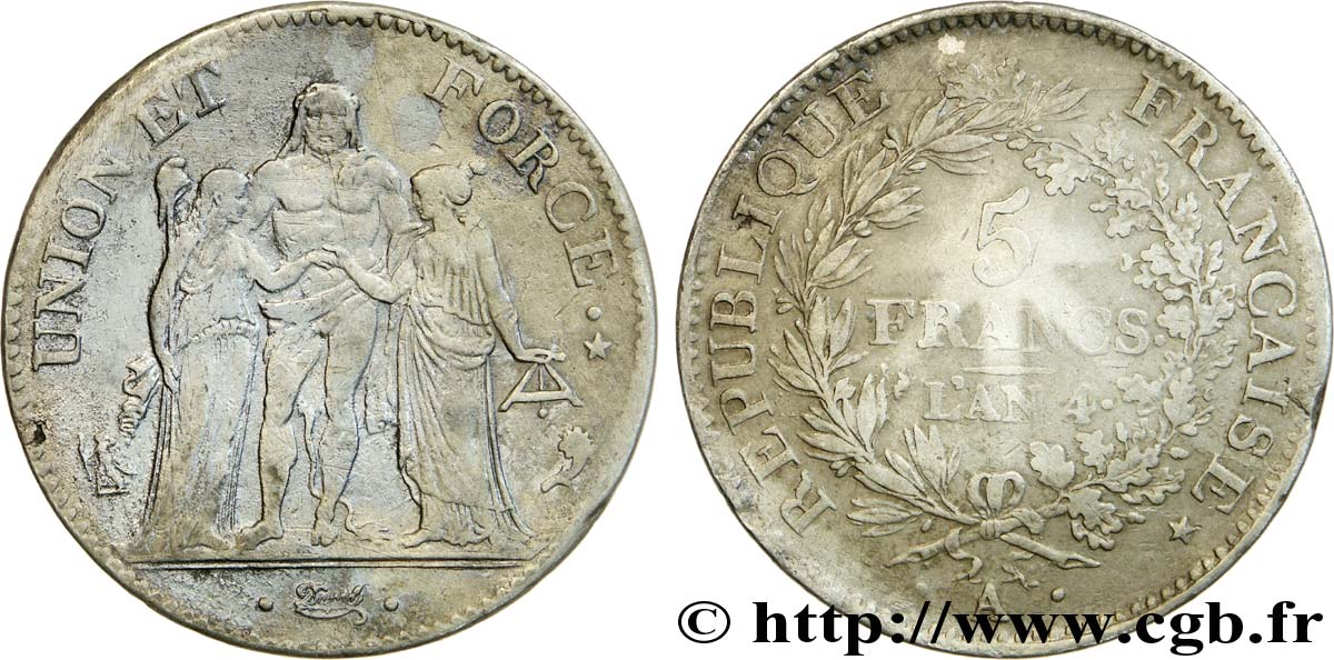 5 francs Union et Force, Union serré, avec glands, listel par virole 1796 Paris F.287/1 VF 