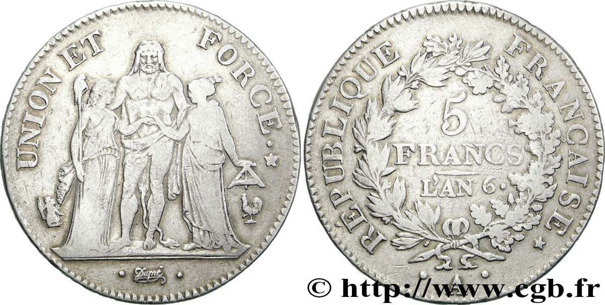 5 francs Union et Force, Union serré, avec glands intérieurs et gland extérieur 1798 Paris F.288/35 VF 