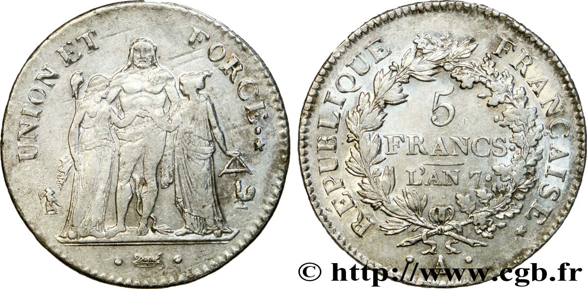 5 francs Union et Force, Union serré, avec glands intérieurs et gland extérieur 1799 Paris F.288/37 TTB 
