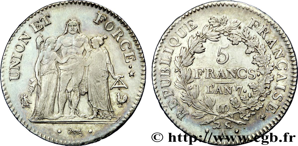 5 francs Union et Force, Union serré, seulement gland extérieur 1799 Paris F.288/98 TTB 