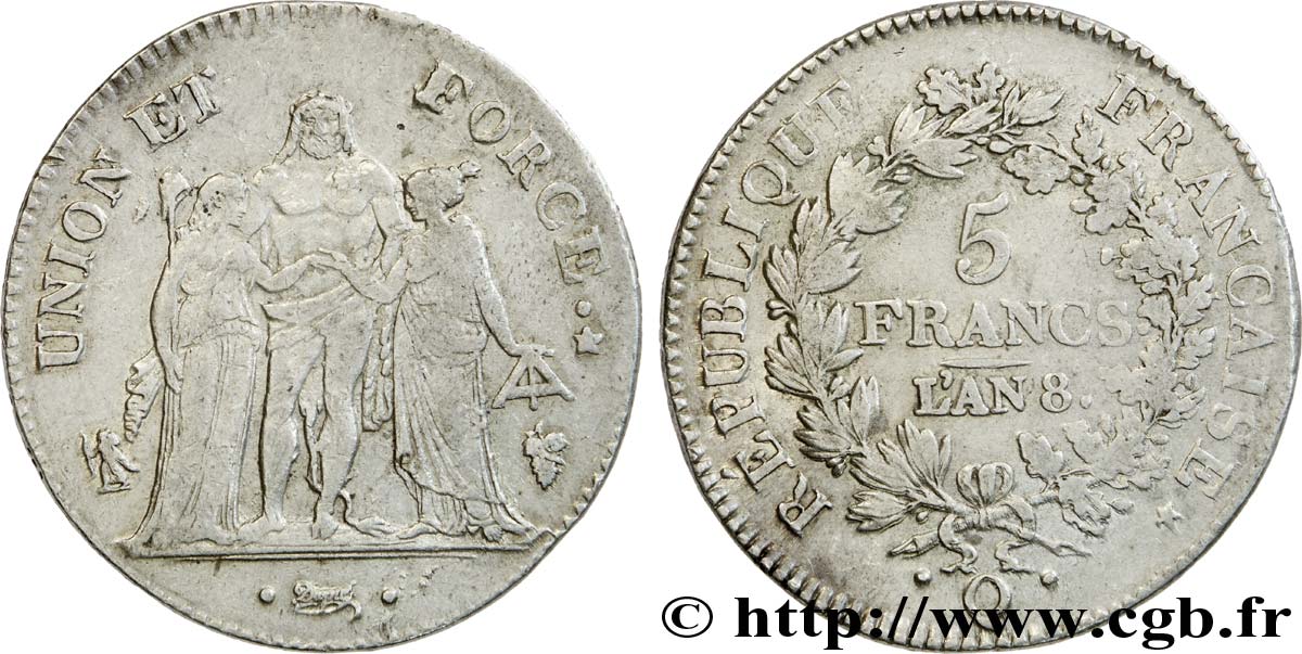 5 francs Union et Force, Union serré, avec glands intérieurs et gland extérieur 1800 Perpignan F.288/149 XF 