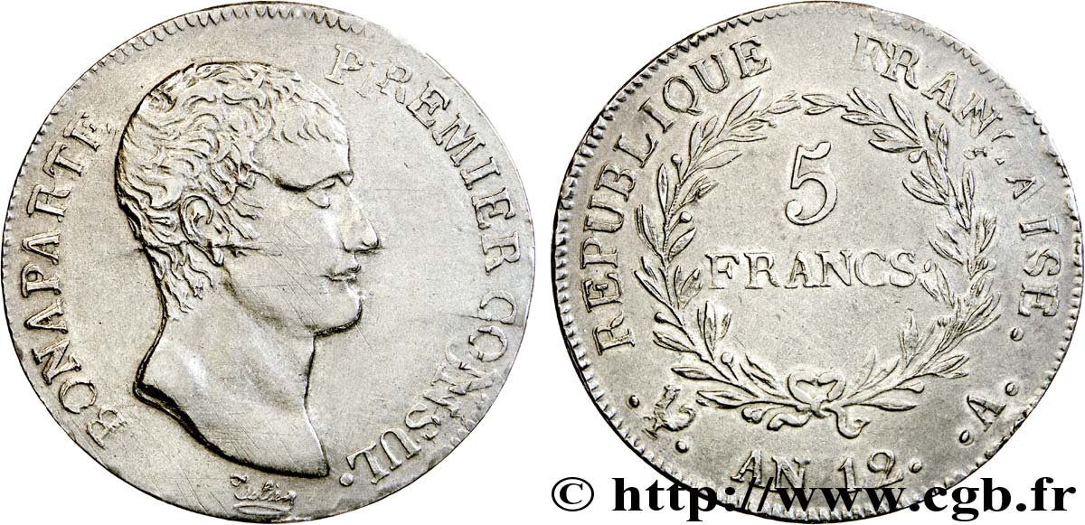 Faux de 5 francs Bonaparte Premier Consul, grènetis fin 1804 Paris F.301/9 var. SS 